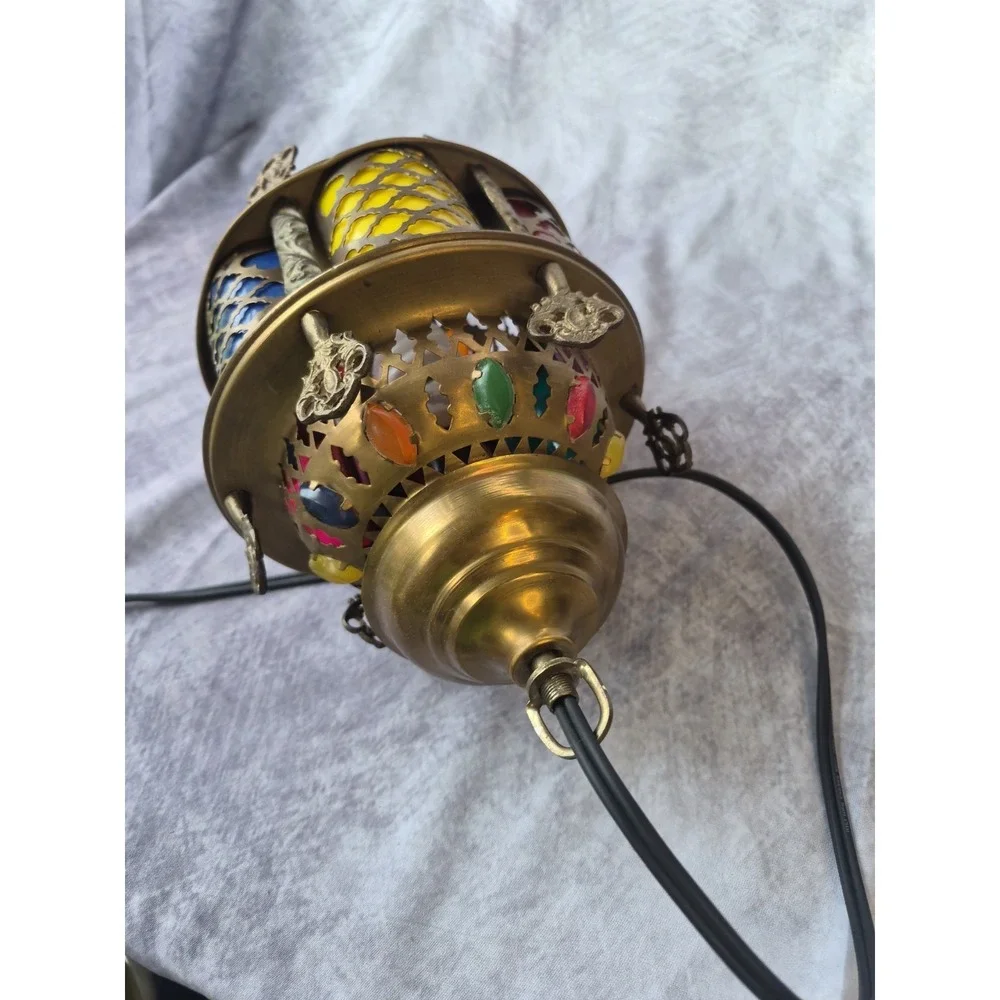 Vintage Moroccan Hanging Lamp Boho Swag Light Pierced Metal Color Glass